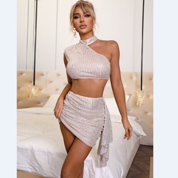 A Classy Chic Boutique Dresses & Skirts - Sequin Crop Top and Ruched Cascading Detail Skirt Set